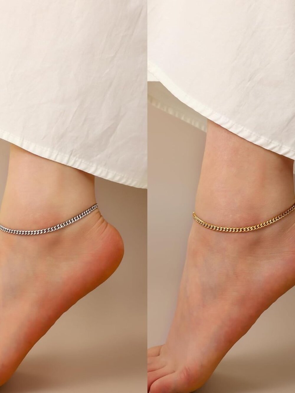 Waterproof 2-Pack Gold & Silver Anklets - Hypoallergenic Cuban Link Design - Picture 3 of 7